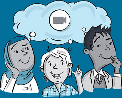 Sketch of three children thinking about a video camera