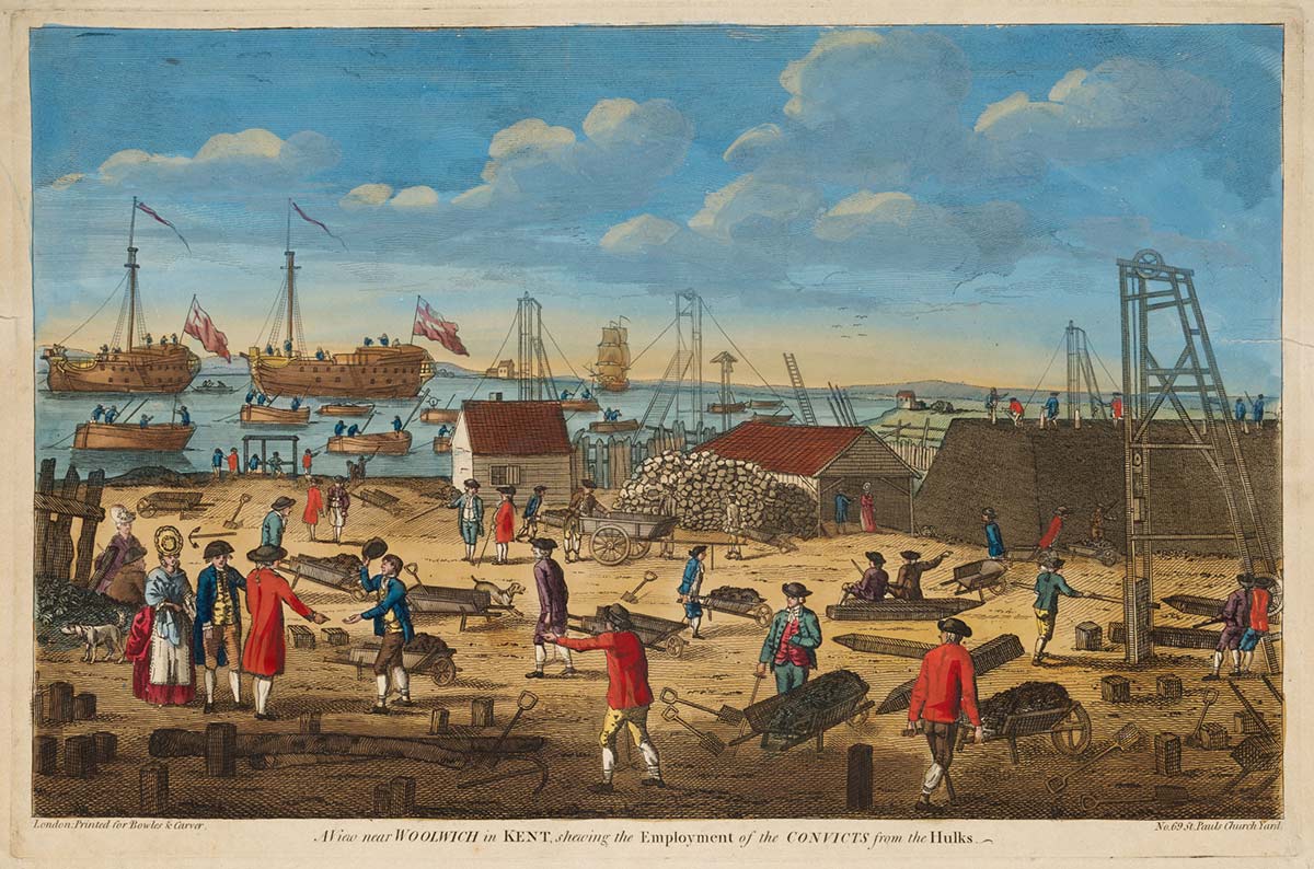 Colourful illustration showing men pushing wheelbarrows on a construction site, with ships in the background.