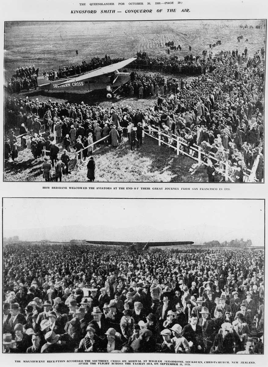 Two newspaper photos of crowds of people greeting a landing plane.