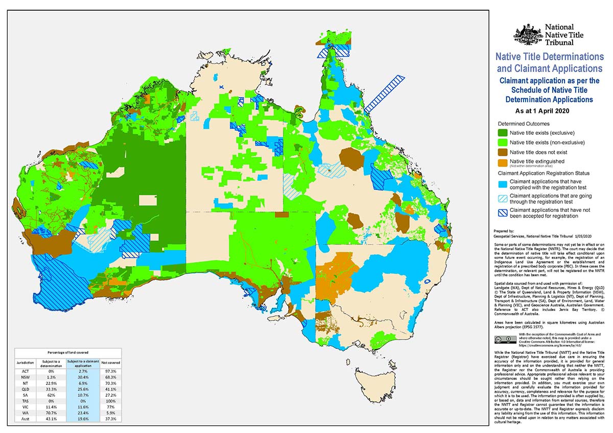 A map of Australia titled 'Native Title Determinations and Claimant Applications'.