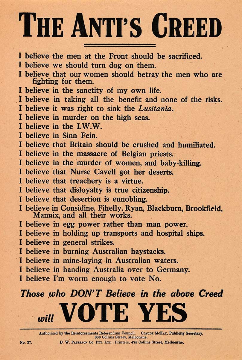 Text only leaflet with the title 'THE ANTI'S CREED'. Below are multiple lines beginning with 'I believe...'. At the bottom reads 'Those who DON'T  Believe in the above Creed will VOTE YES'.