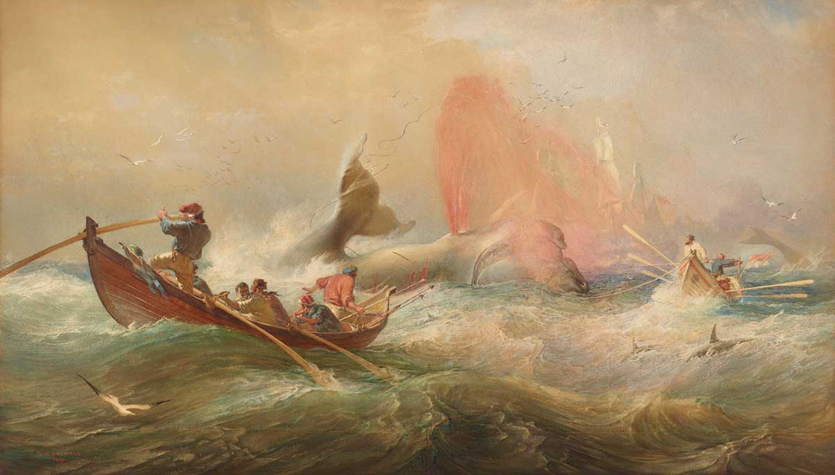 <p><em>Whalers off Twofold Bay, New South Wales 1867</em>, by Sir Oswald Brierly (England; Australia, b.1817, d.1894)</p>