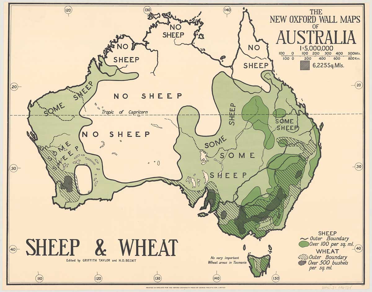 Map of Australia indicating areas of sheep and wheat farming, predominantly throughout New South Wales, Victoria, coastal South Australia, Western Australia and Tasmania