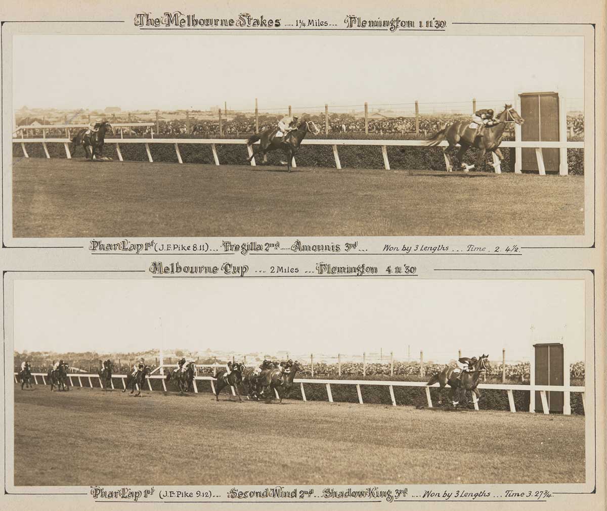 Two black and white photographs of a horse race, featuring Phar Lap in first place. 