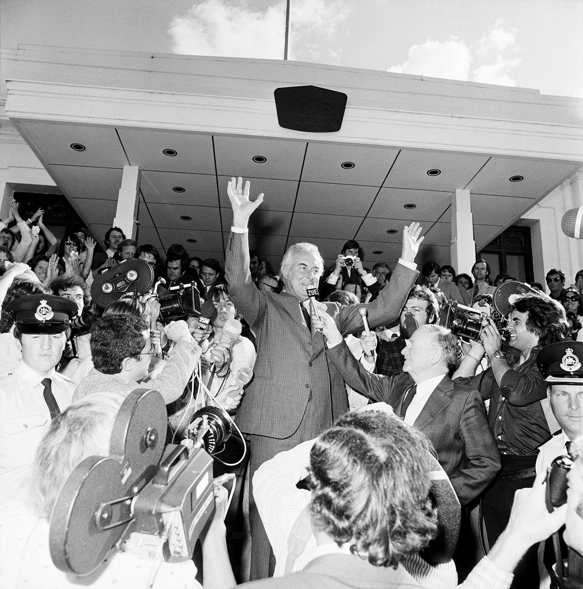<p>Gough Whitlam and supporters demonstrate against the dismissal of his government on the steps of parliament, 11 November 1975</p>
