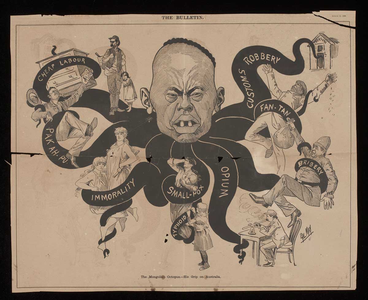 Cartoon featuring an octopus with a man's head with exaggerated Asian features and buck teeth. Various topics in the form of text are written on his tentacles, which are grasping people relating to each topic. The text includes: "CHEAP LABOUR", "PAK AH-PU", "IMMORALITY", "SMALL-POX", "OPIUM", "BRIBERY", "FAN-TAN" and "CUSTOMS ROBBERY".