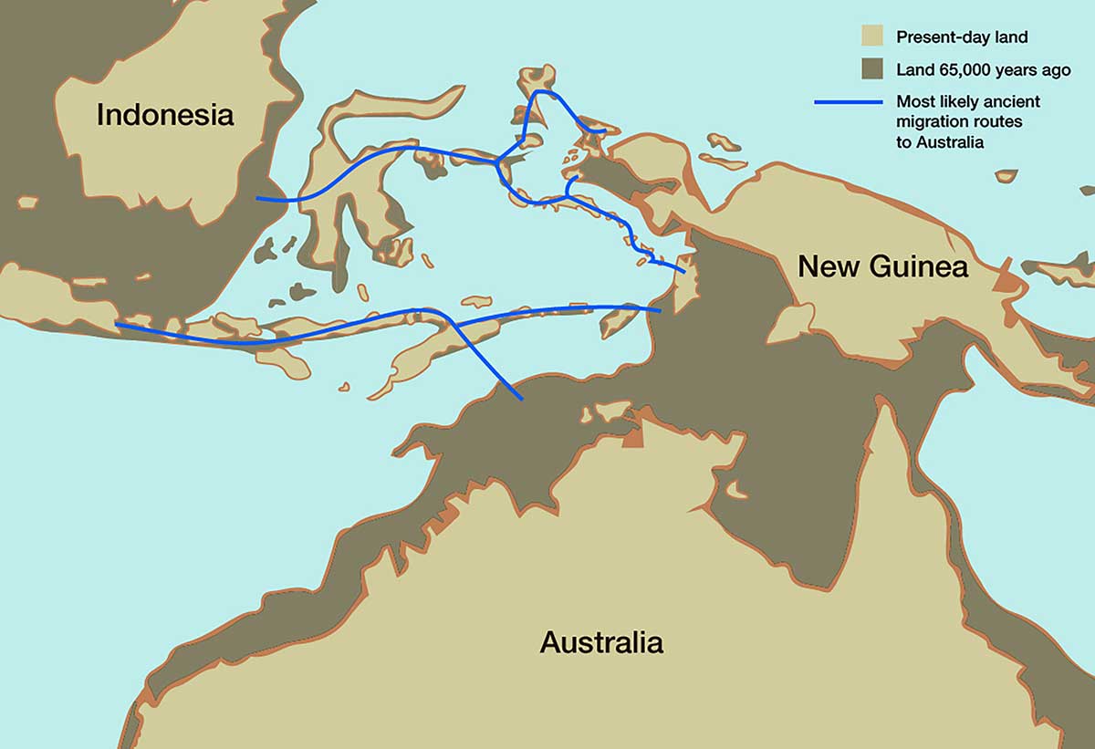 Map showing most likely ancient migration routes to Australia ...