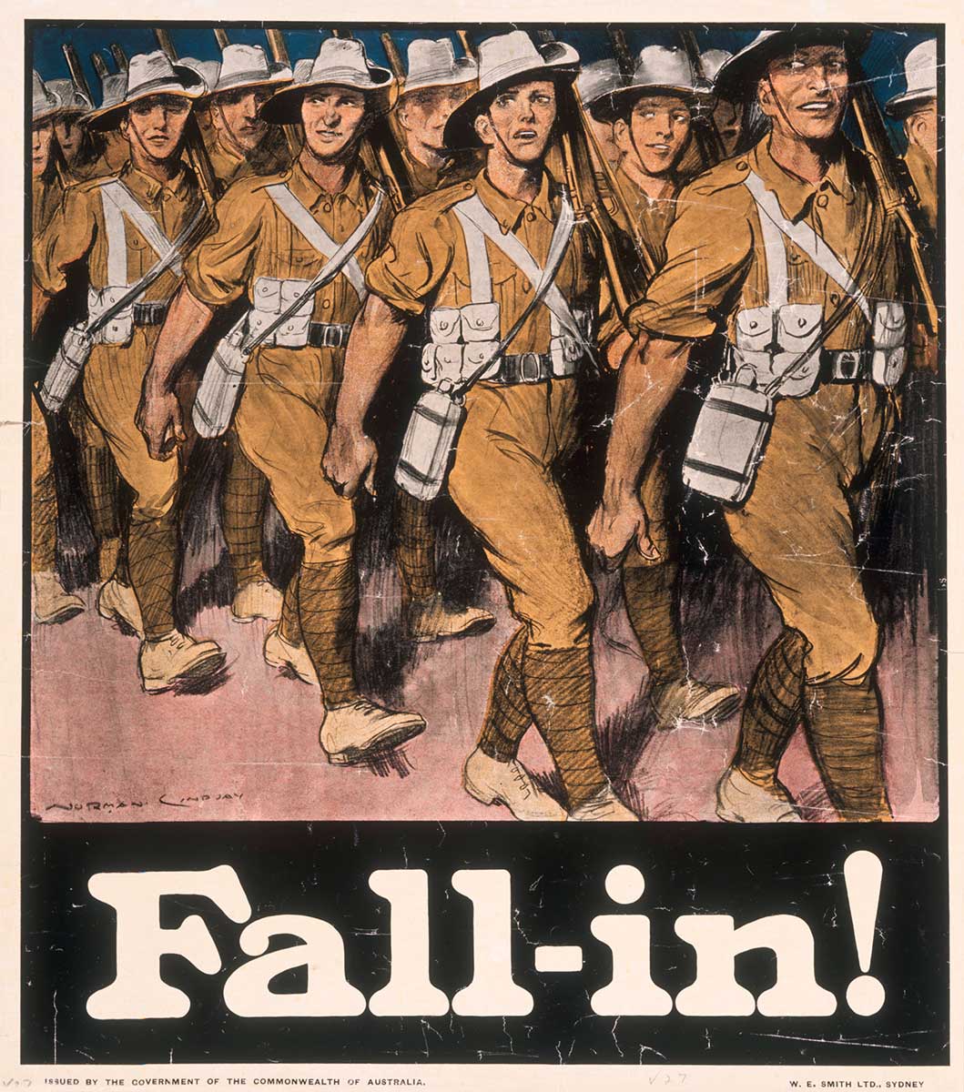 Illustration of an army of soldiers marching in unison. Printed in large text at the bottom is "Fall-in!".