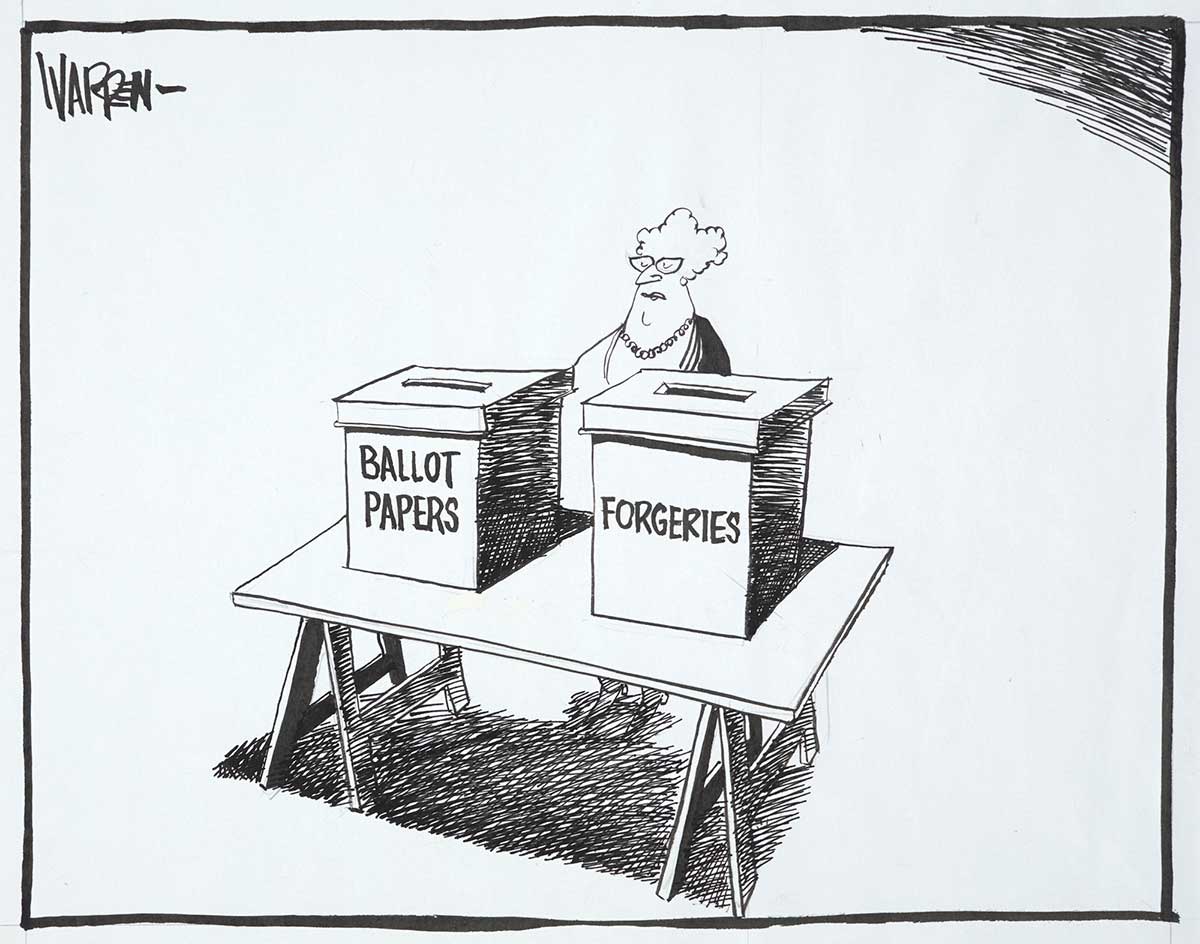 Cartoon depicting a woman presenting two ballot boxes, one titled 'BALLOT PAPERS' and the other 'FORGERIES'.
