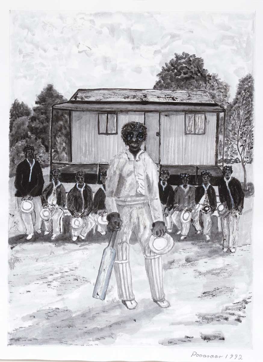 A black and white illustration depicting a male cricket player standing in front of a line of men in front of a house.