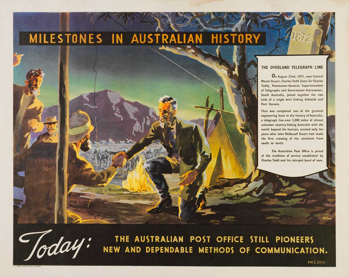 Colour poster, titled 'MILESTONES IN AUSTRALIAN HISTORY' featuring a drawing of two men shaking hands beneath a telegraph line, in front of a tent and campfire.