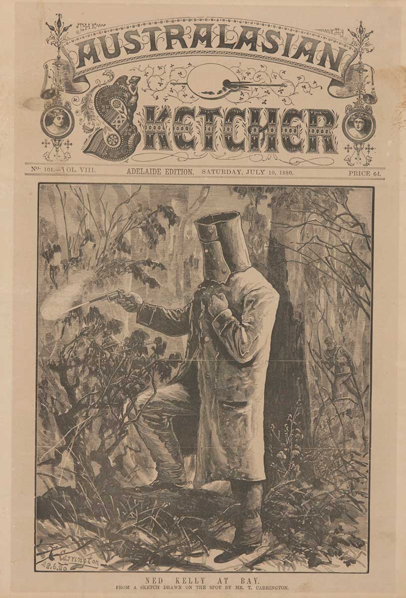 Black and white newsprint cover showing Ned Kelly in armour, firing a revolver.