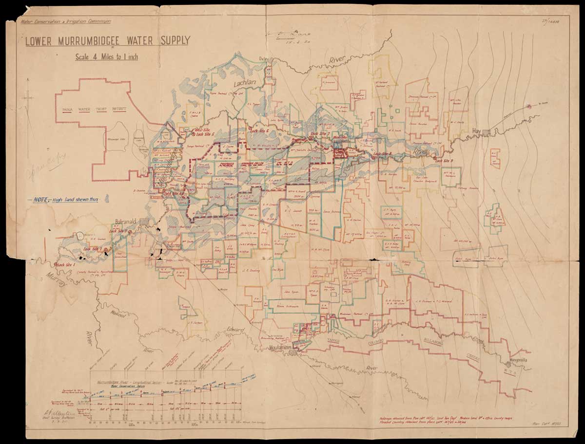 Map titled: Lower Murrumbidgee Water Supply. The map has been printed in black and coloured inks, and shows holding lots of landowners in detail. Labelling includes: Water Conservation and Irrigation Commission, 18 March 1930, 29/14438