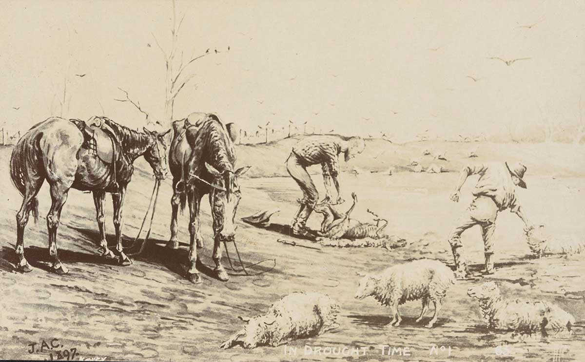 Back and white illustration depicting two men tending to dying sheep in a dry dam or lake bed surrounded by dead trees, as their two horses watch on.