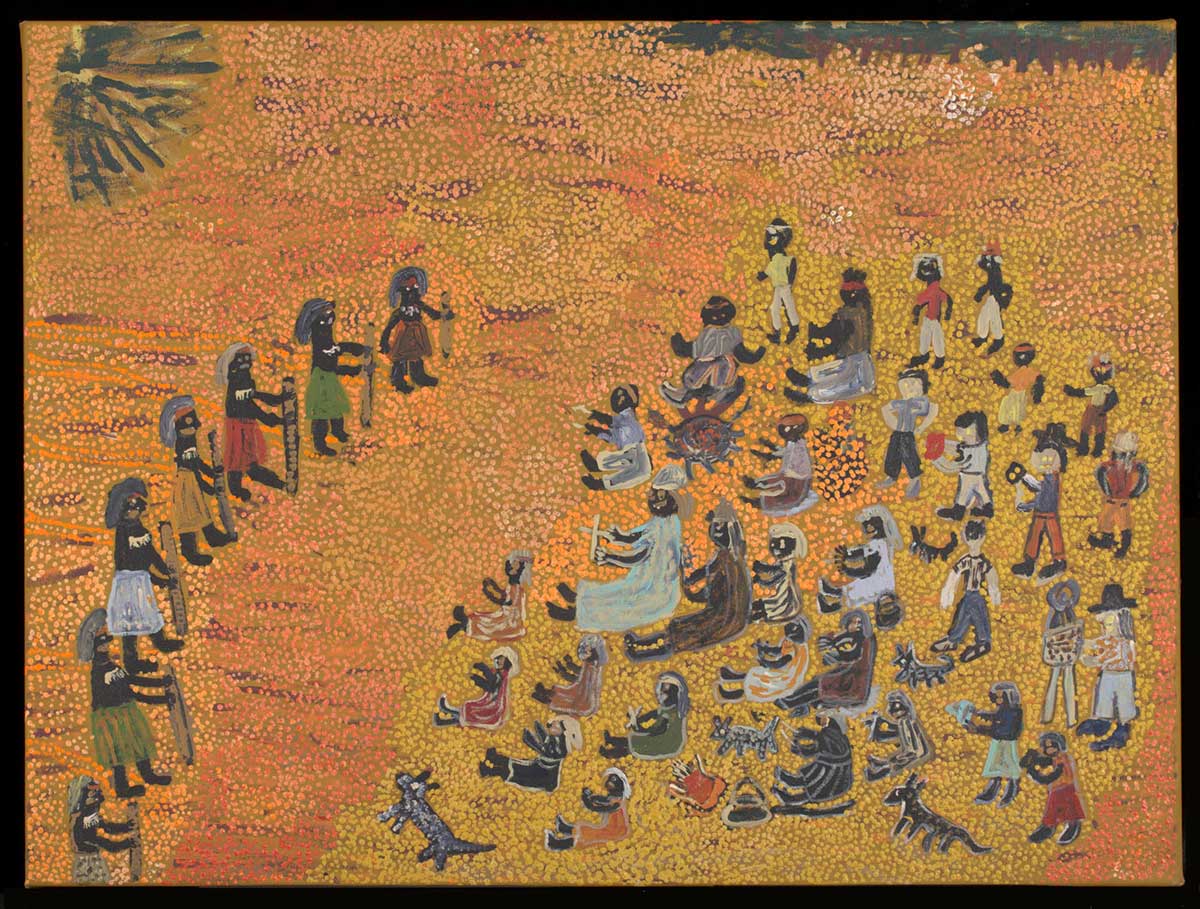 An acrylic painting on canvas showing seven people standing and facing a larger group of people, against a yellow and orange dot infill background.