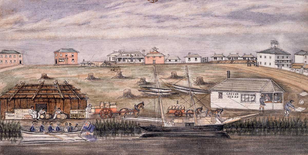 Coloured illustration depicting a township settlement by a river. Several people in a rowing boat with the Australian flag attached can be seen on the river near the banks.