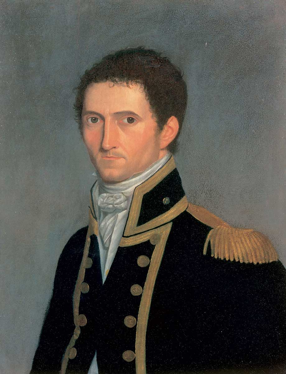 Portrait painting of a stern looking man in 18th Century naval attire.