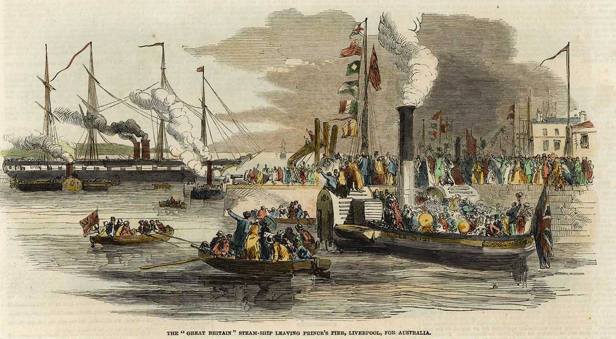 <p>The SS Great Britain steam ship leaving Prince’s Pier, Liverpool, for Australia, 1852</p>

<p>&nbsp;</p>
