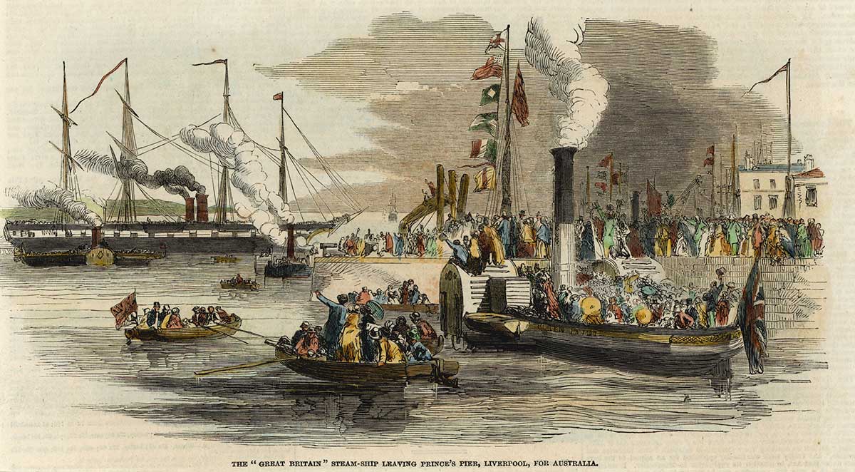 <p>The SS Great Britain steam ship leaving Prince’s Pier, Liverpool, for Australia, 1852</p>
<p> </p>