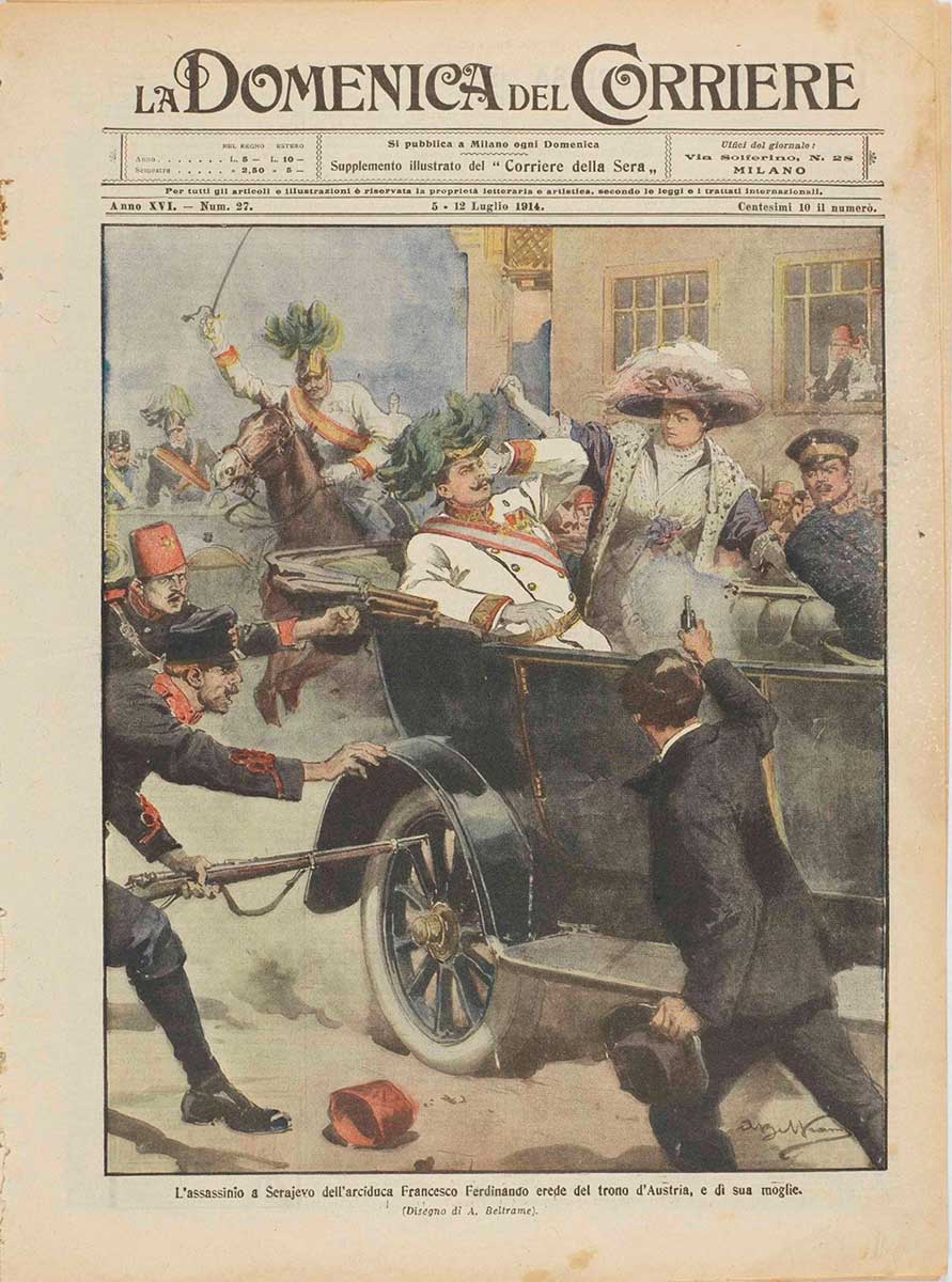 Coloured illustration of a frenzied scene depicting a man and woman trying to escape in an automobile, as a man in black aims his gun towards the couple. The man in the car has fallen backwards as the woman looks worriedly on, and distressed soldiers reach out towards the car. Another soldier on horseback and dressed in the same uniform as the fallen man charges towards the scene with his sword raised.