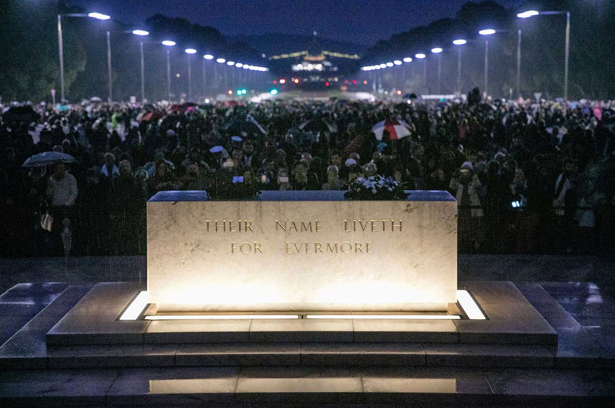 A large crowd is gathered in the rain on Anzac Parade in Canberra. In the foreground are wreaths laid upon a memorial that is engraved with the text 'THEIR NAME LIVETH FOR EVERMORE'.