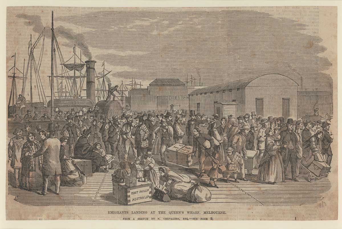 <p><em>Emigrants Landing at the Queen’s Wharf, Melbourne</em>, by Frederick Grosse</p>
