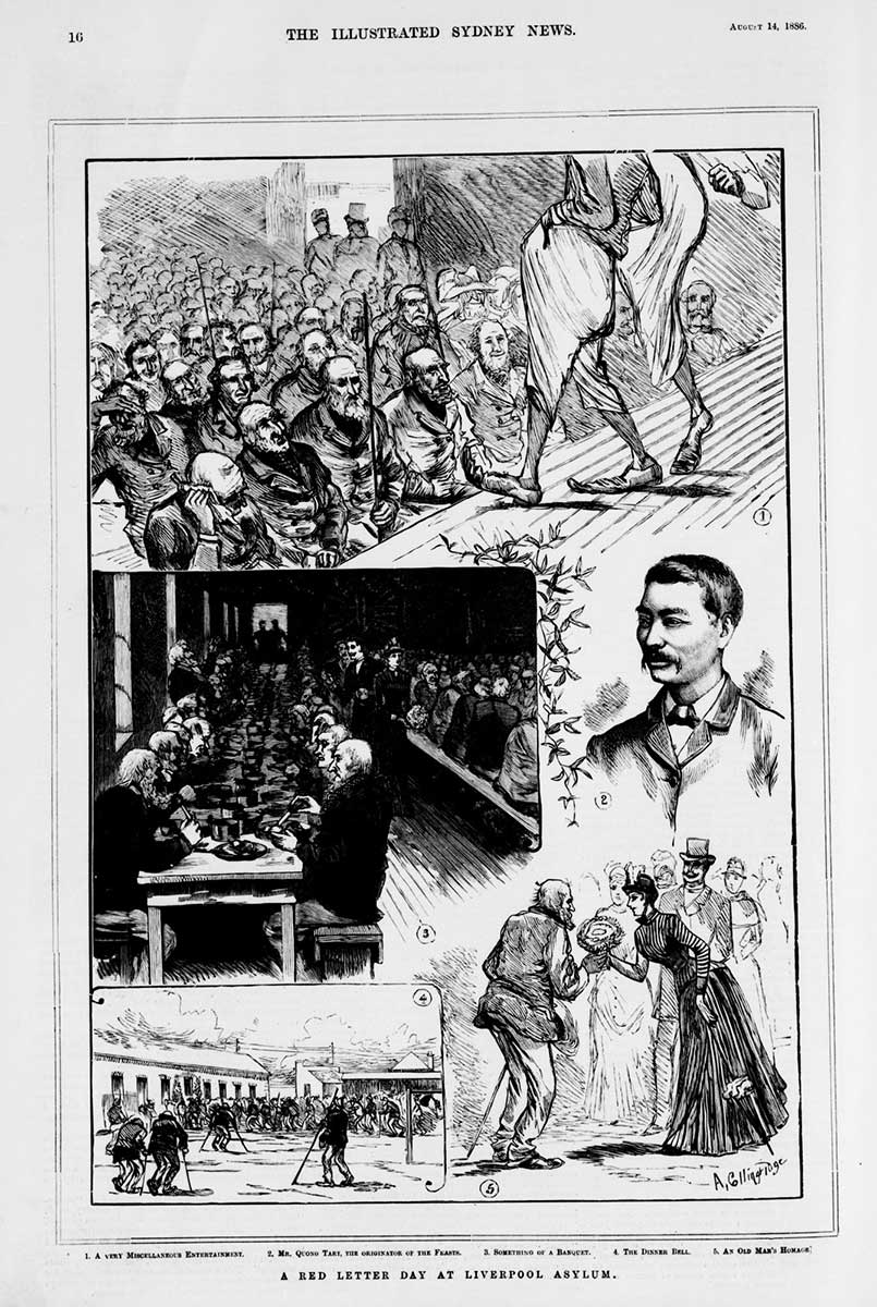 Page from the Illustrated Sydney News publication featuring a series of numbered illustrations. Printed at the bottom is 'A RED LETTER DAY AT LIVERPOOL ASYLUM'.