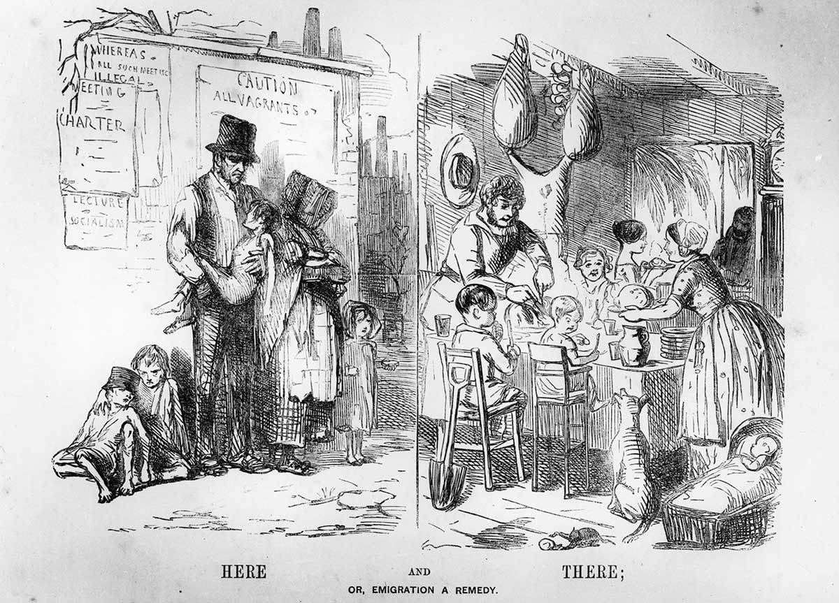 <p>‘Here and there; or emigration a remedy’, published in <em>Punch</em> magazine (London), 8 July 1848</p>