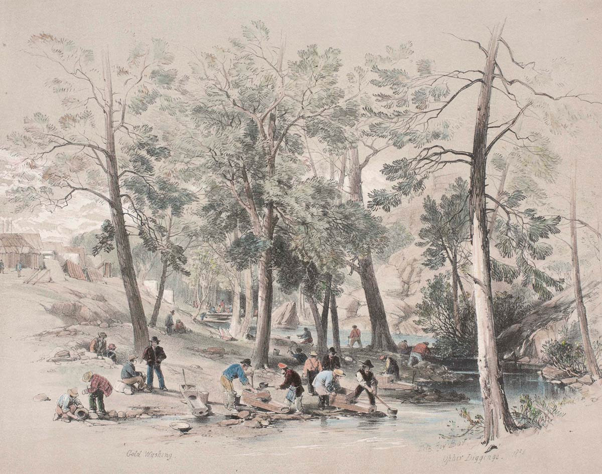 A colour lithograph depicting people working along a creek.