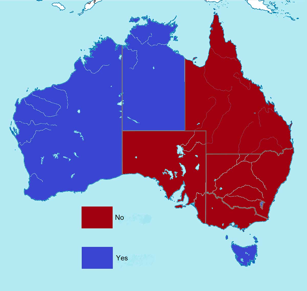 Map of Australia showing half represented in blue and half in red. A key indicates 'No' as red and blue as 'Yes'.