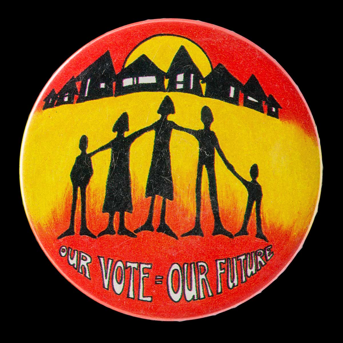 <p>‘Our vote = our future’ metal badge</p>