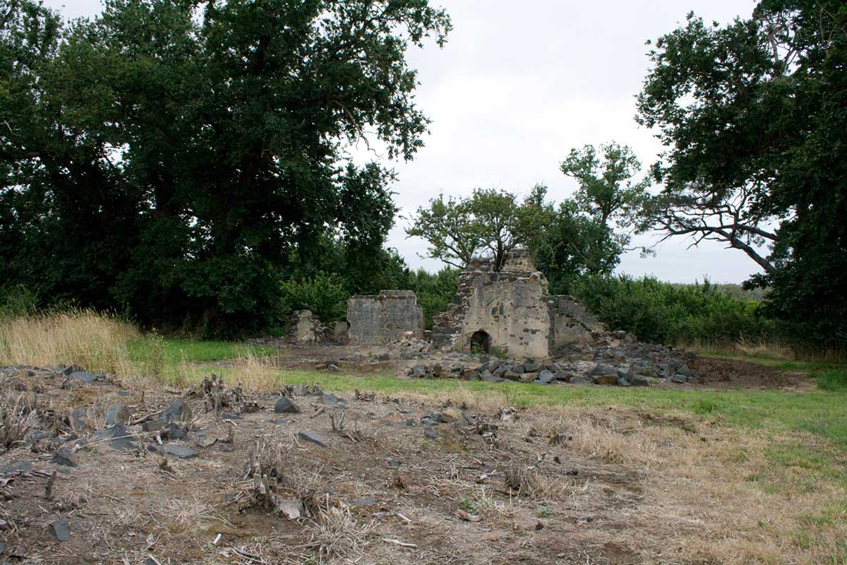 Colour photograph of remains of a stone building amongst trees.