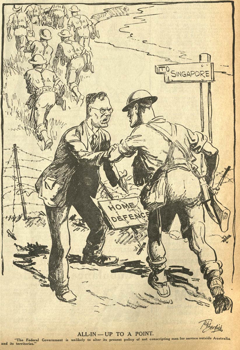 Black and white cartoon of a man in a suit trying to prevent a US soldier from following other soldiers up a hill. The man in the suit is pointing to a sign that reads 'HOME DEFENCE' that is tangled up in a barbed wire fence that the soldiers have trampled. 