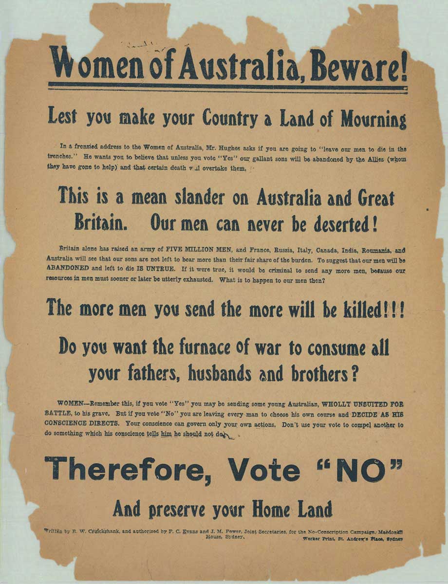 Paper that is torn at the edges displaying printed text titled ‘Women of Australia, Beware!’. At the bottom is printed 'Therefore, Vote "NO"'.