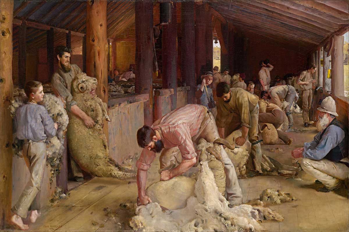 Painting of men shearing sheep in a shed.