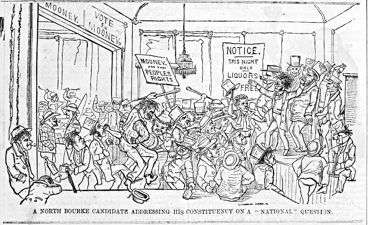 Illustration depicting a room full of rowdy men brandishing golf clubs. On stage is a group of distinguished men standing in a calm manner as they watch the crowd. There are various notices on the wall and a placard that reads 'MOONEY AND THE PEOPLES RIGHTS'.