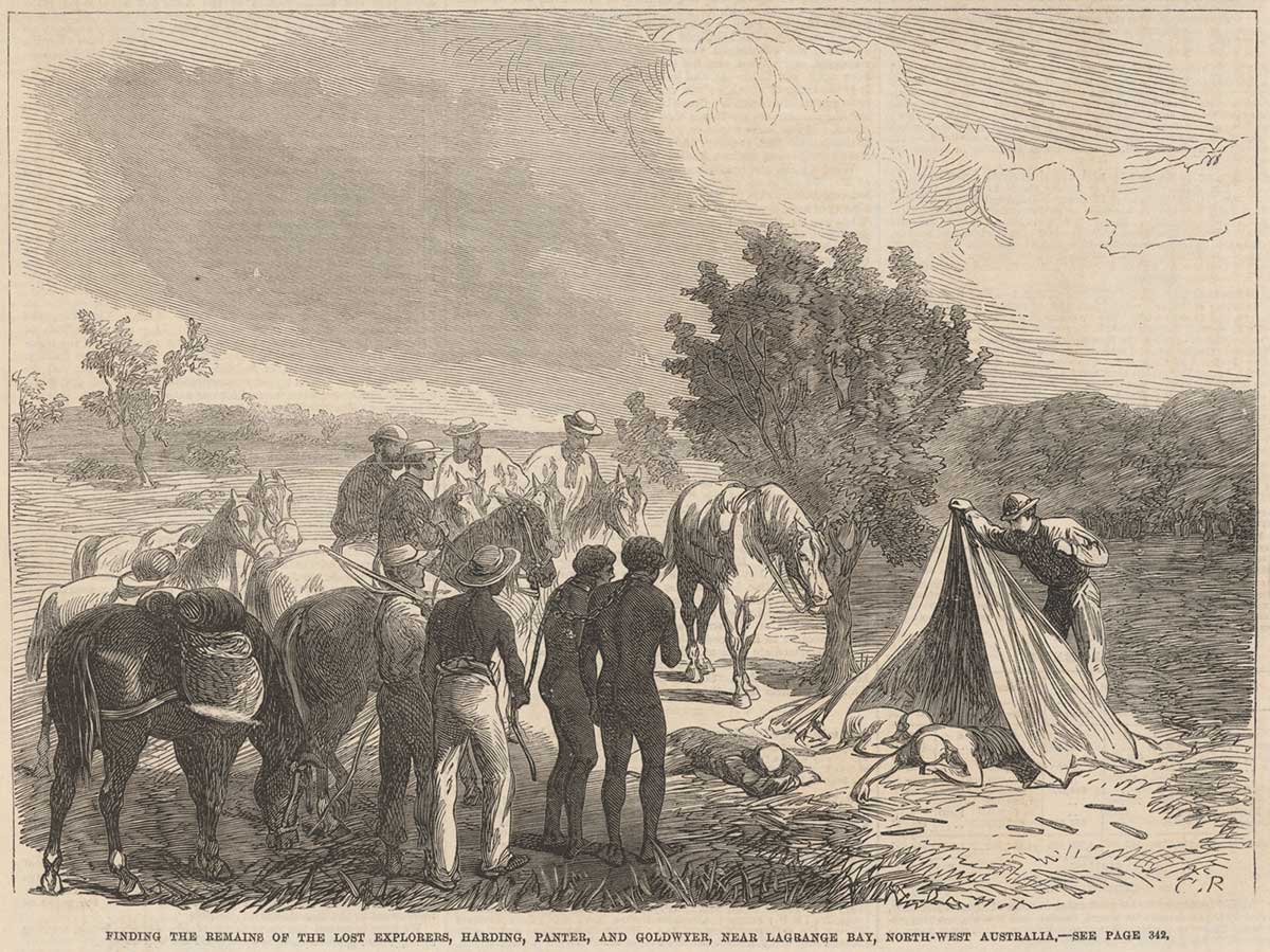 Illustration depicting men on horseback and two dark skinned men in chains gathered around a campsite. Three people lie lifeless on the ground.