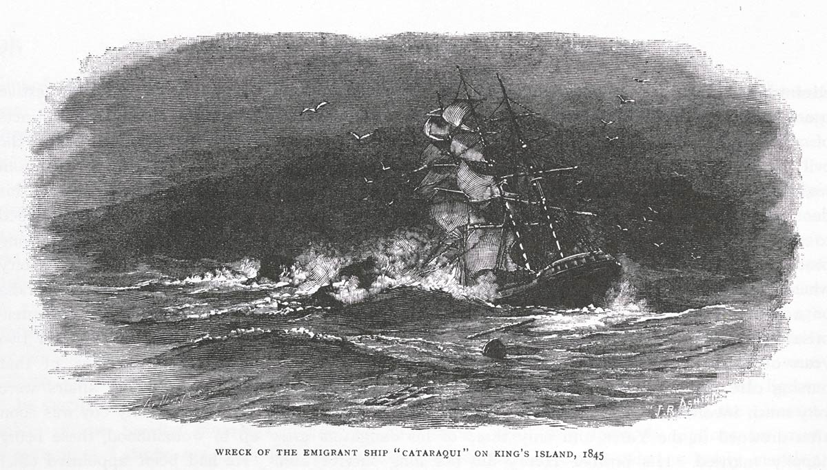 Black and white illustration of a sailing ship in a storm at sea.