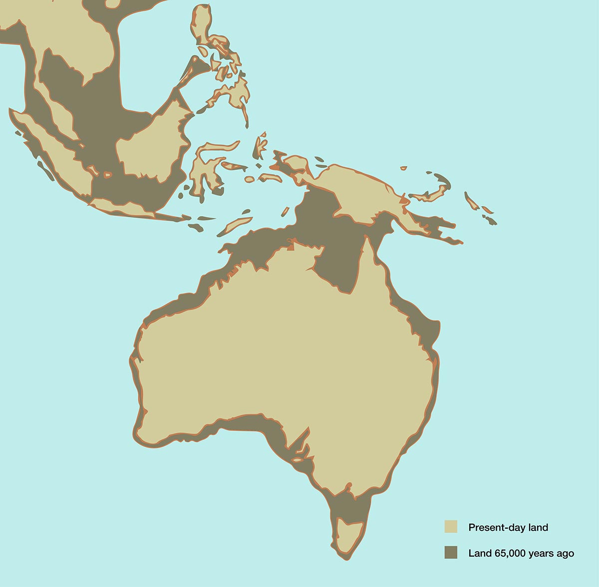 Map showing land in Australia and South East Asia today and 65,000 years ago