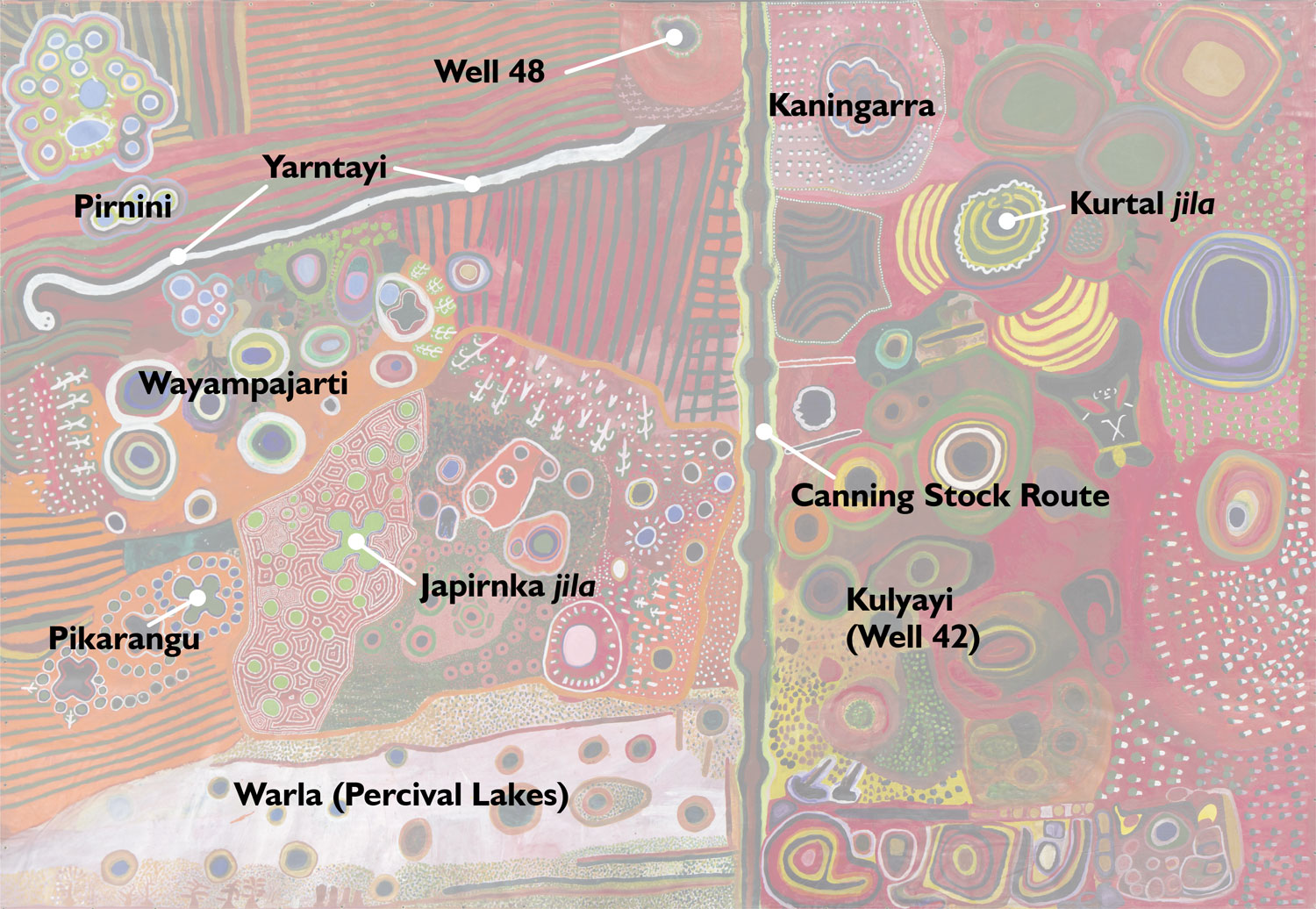 <p><em>Ngurrara I</em> artwork showing areas painted by traditional owners and location of jila and Canning Stock Route wells.</p>