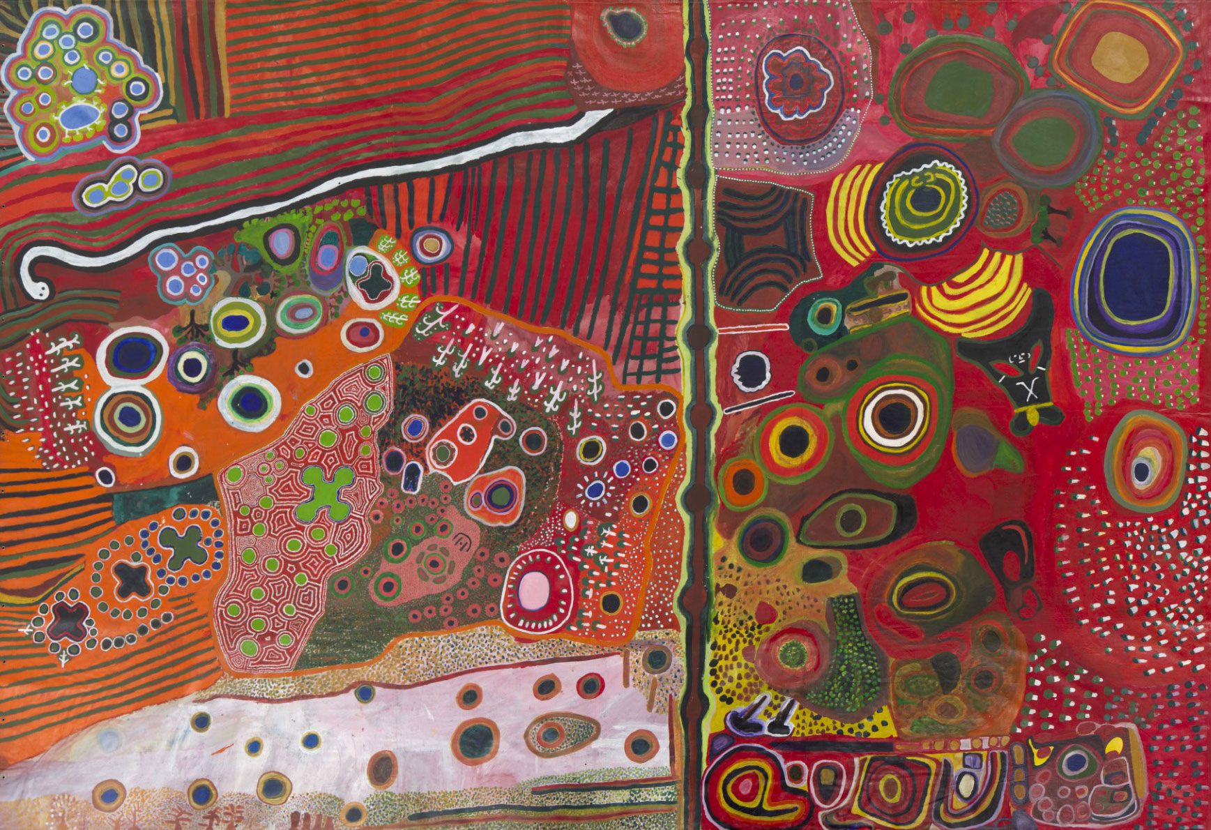 A multicoloured acrylic painting on canvas, depicting an aerial view map of the artists' country. The artwork is divided into two sections by a black line [representing the Canning Stock Route] and features circular [fresh waterhole] designs and a white snake in one corner, which are set against a predominantly red background