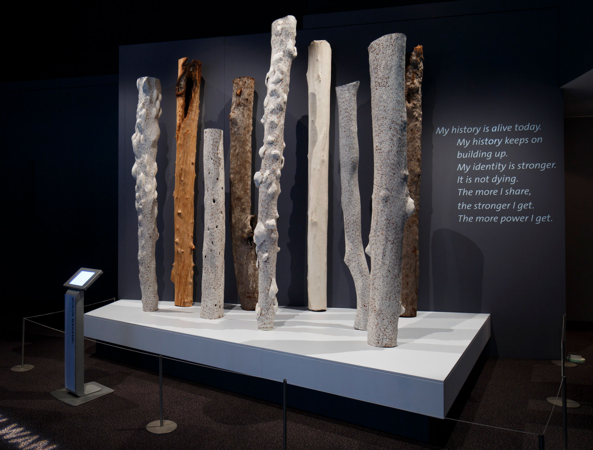 <p>Mr Wanambi’s wawurritjpal installation comprises nine larrakitj and was on display as part of the <em>Unsettled</em> exhibition at the National Museum in 2015. Wawurritjpal refers to the sea mullet depicted on the painted poles.</p>