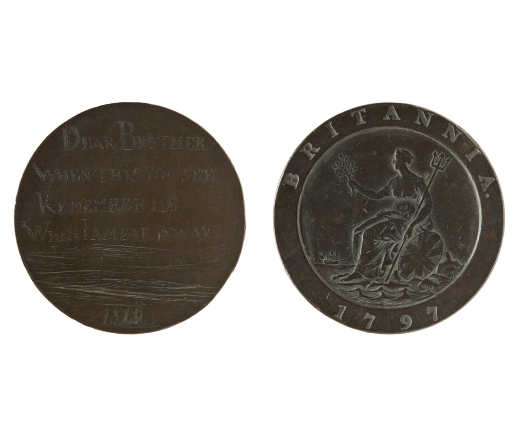 <p>Convict token by unknown maker, 1819. The front has been smoothed and engraved with text (left) and the reverse shows the original 1797 cartwheel twopence design.</p>