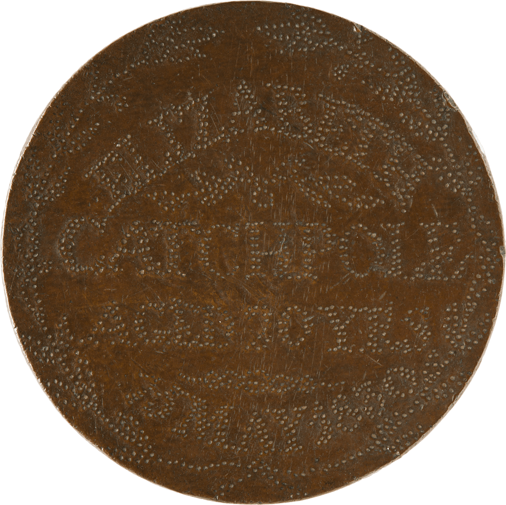  Front	Back Token with a border of stippled leaves and flowers and five lines of stippled text:  TURNKEYSS AT THE NORWICH GAOL 1830  Token with a border of stippled leaves and flowers and four lines of stippled text, ornamented with leaves and flourishes. The top and bottom lines are curved:  ELIZABETH CATCHPOLE AGED 20 YRS 15 MAY 1830