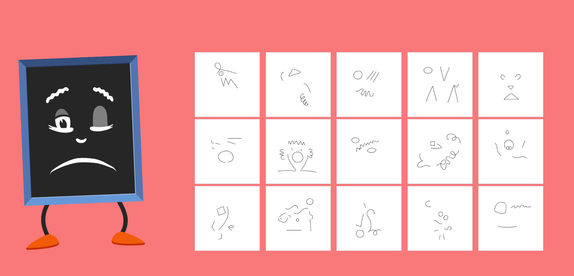 A graphic of Blackboard from Mr Squiggle standing next to incomplete drawings. The background of the image is bright pinky orange..