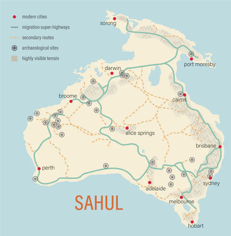 <p>Super-highways show the movement of First Nations people across ancient Australia. Two potential crossing points from Asia into Sahul are also shown (through northern Queensland and the Kimberley) and ‘most likely’ chosen paths for the initial peopling of Sahul.</p><p>&nbsp;</p>