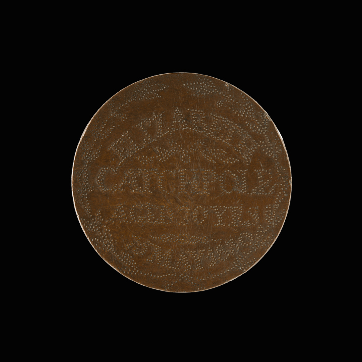  Front	Back Token with a border of stippled leaves and flowers and five lines of stippled text:  TURNKEYSS AT THE NORWICH GAOL 1830  Token with a border of stippled leaves and flowers and four lines of stippled text, ornamented with leaves and flourishes. The top and bottom lines are curved:  ELIZABETH CATCHPOLE AGED 20 YRS 15 MAY 1830