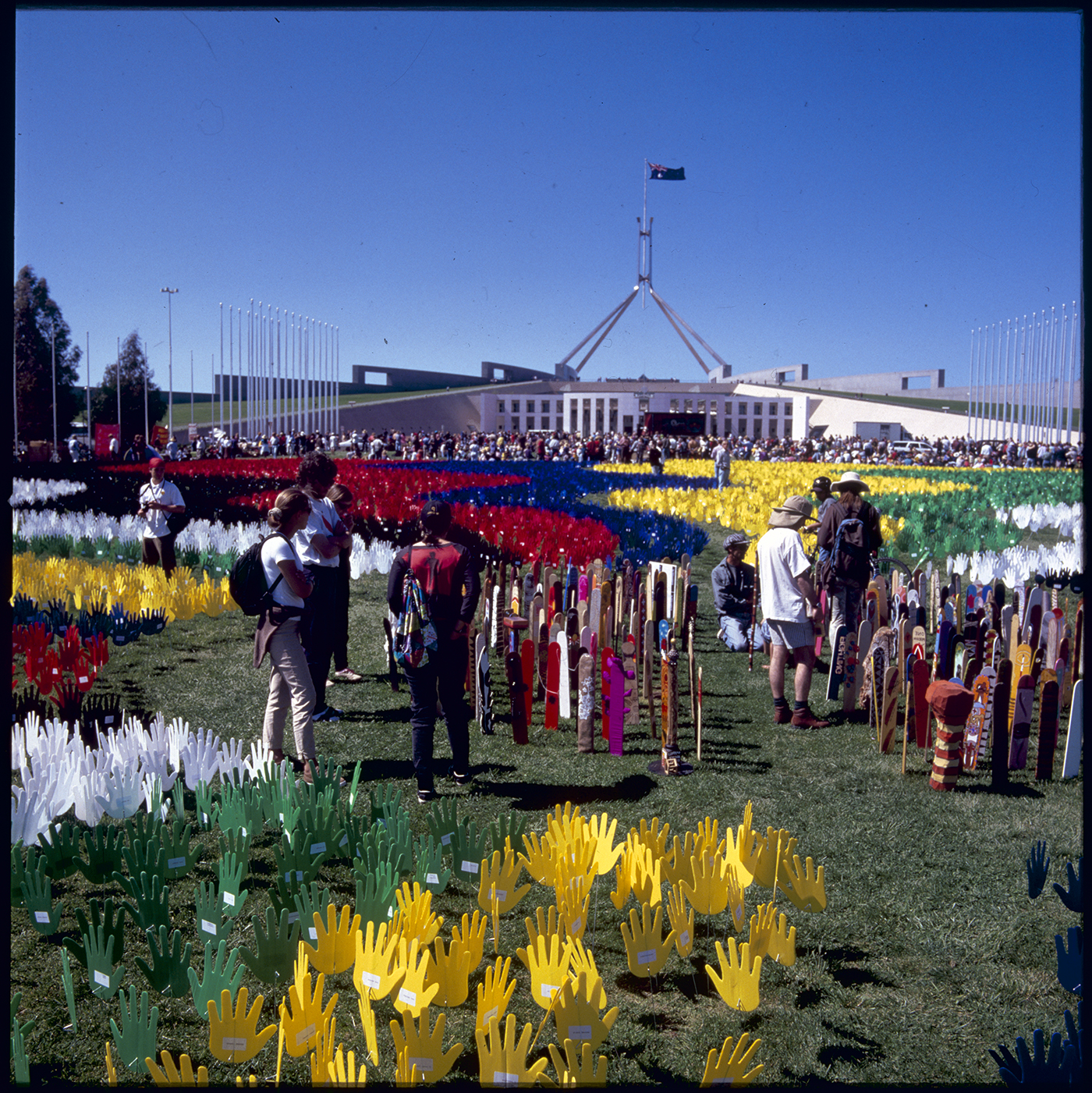 Sea of Hands on the lawns of the Parliament House, Canberra, 1997.