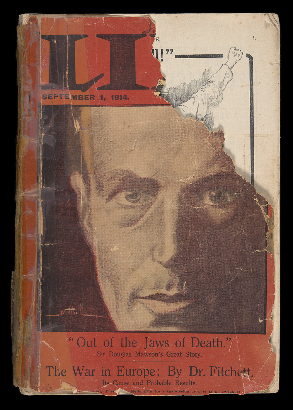 Cover of 'Life' Magazine, September 1914 edition. Red cover with top right corner torn off, revealing the first page. An image of Douglas Mawson takes up most of the cover.