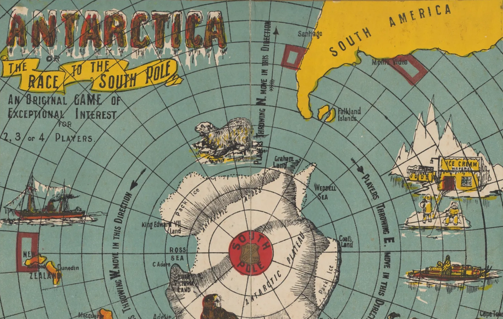 Pale blue coloured board game titled 'Antarctica or Race to the South Pole' showing a gridded map of Antarctica with parts of Australia and South America visible on either corner. A walrus rests on ice on Antarctica. 